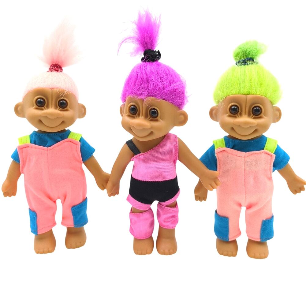 Russ Troll Dolls Lot of 3 Pink Purple Green Hair 4.5" Vintage Aerobic Neon